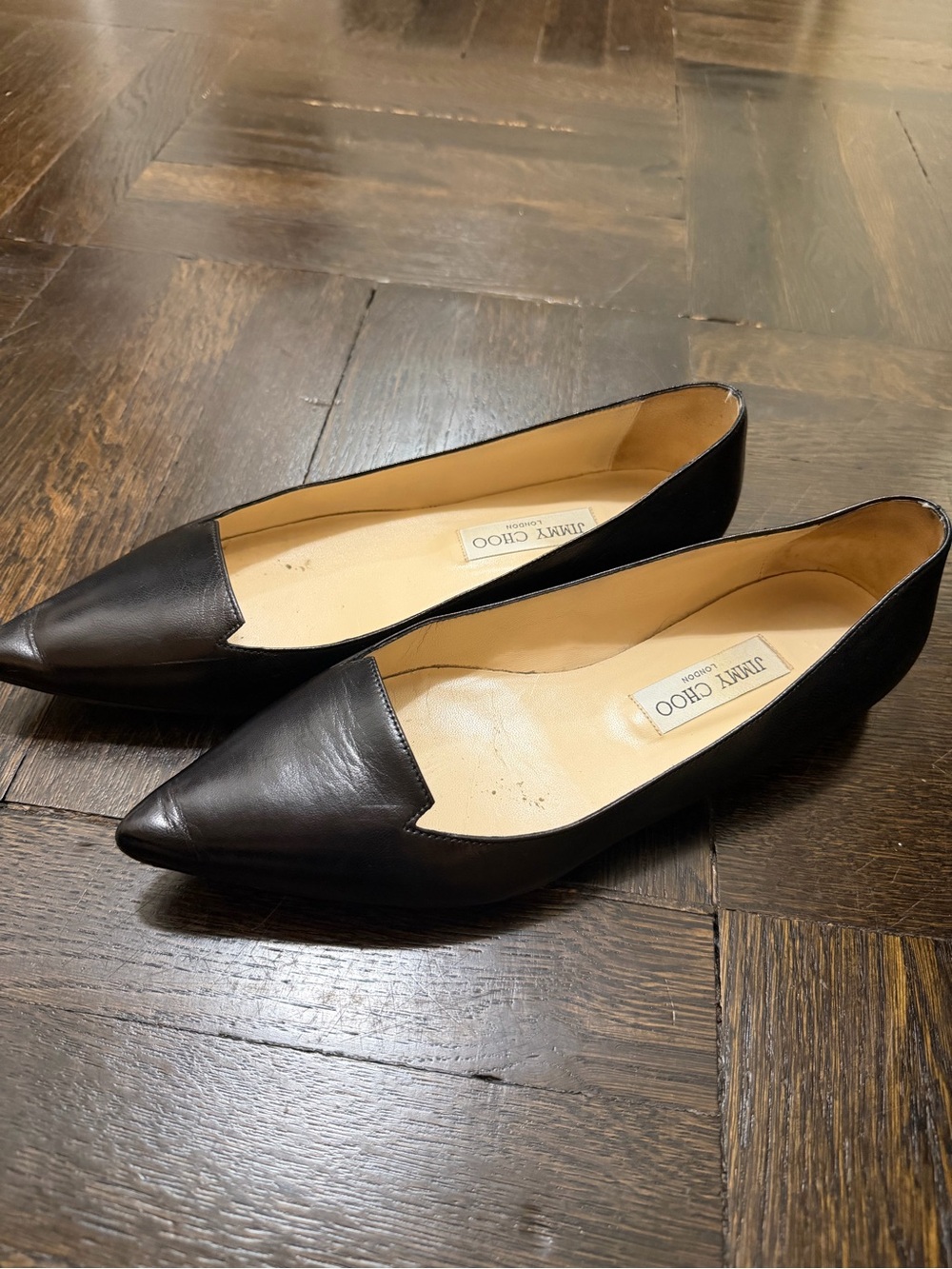 Jimmy Choo Black Pointed Toe Leather Flats